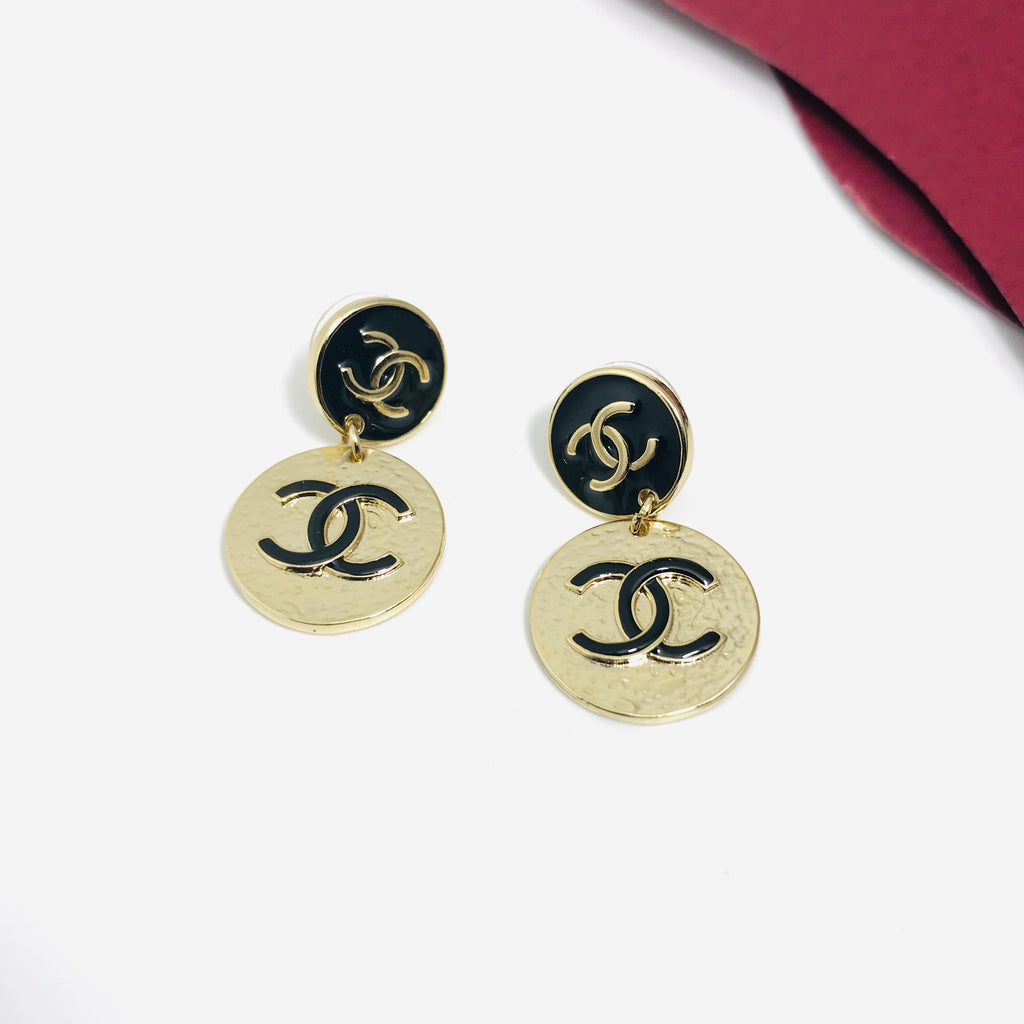 Chanel Double C Black Enamel Gold Drop Earrings