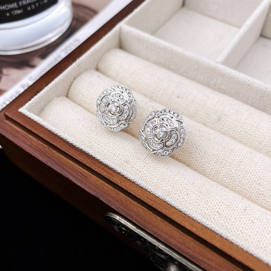 Chanel Bouton Camelia Cubic Zirconia Stud Earrings