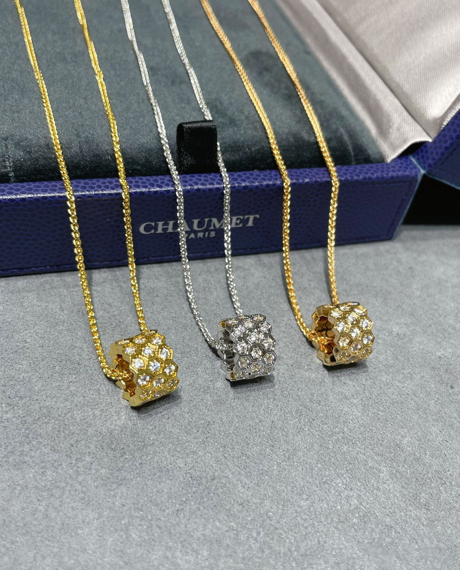 Chaumet Bee Love Cubic Zirconia Paved 3 Row Necklace