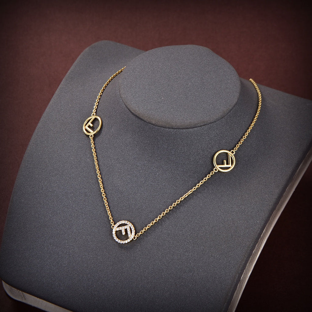 Fendi F Logo 3 Motif Gold Diamond Necklace