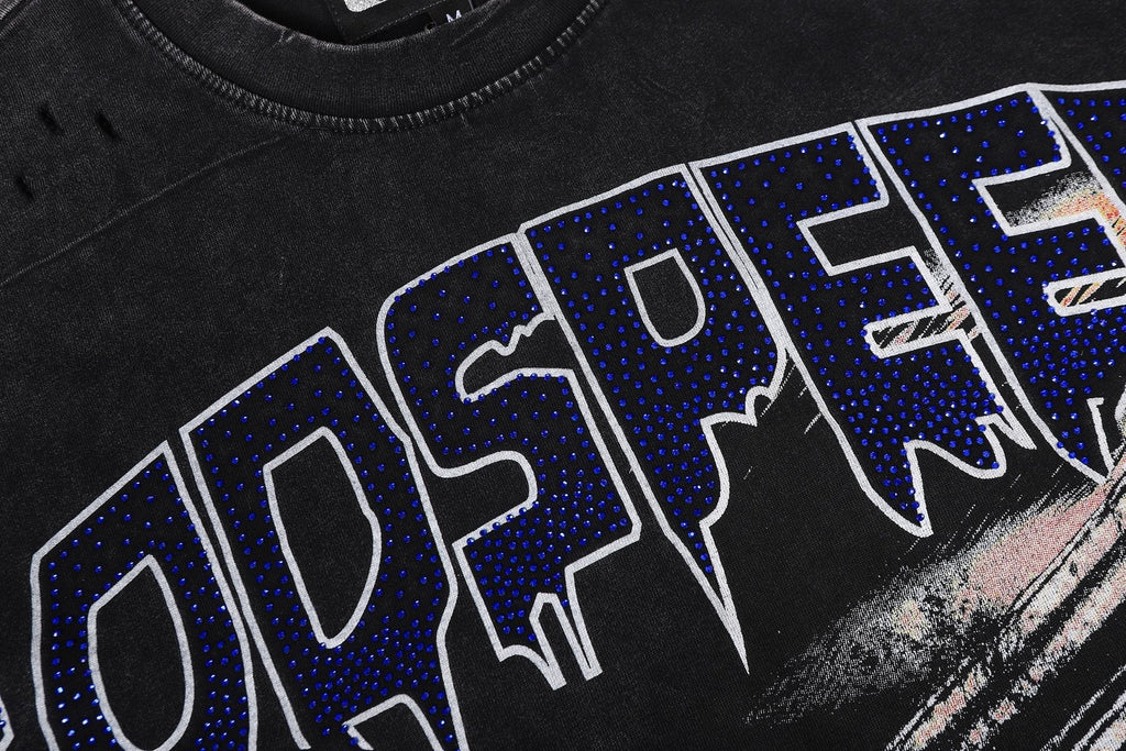 Godspeed Distressed Rhinestone Graphic T-Shirt — detail