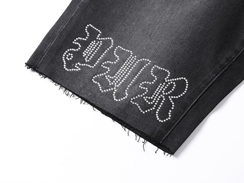 Purple Brand Rhinestone Graphic Denim Shorts — detail