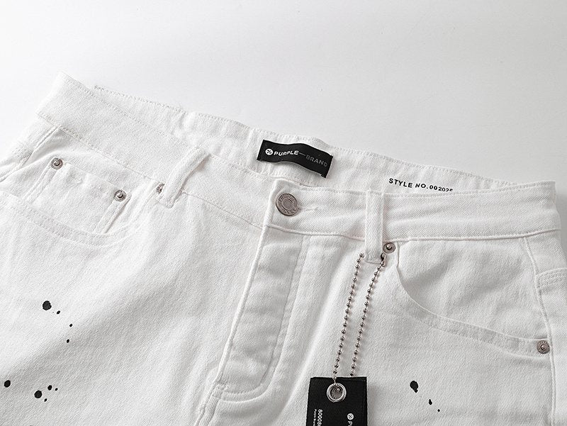 Purple Brand White Paint-Splatter Denim Shorts — detail