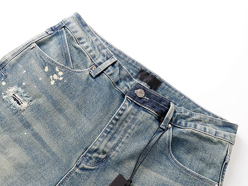 R+A Light Blue Distressed Paint Splatter Jeans — detail