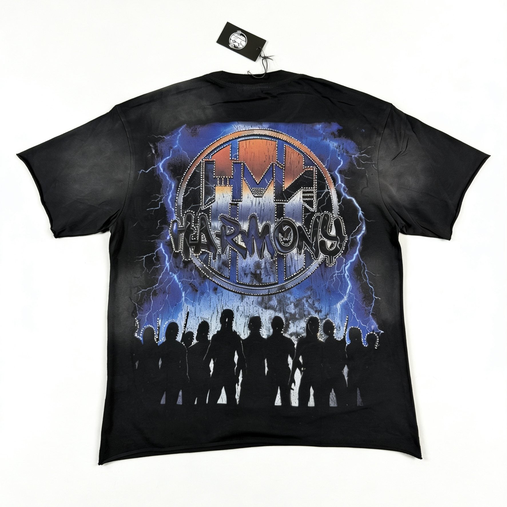 HARMONY New Age Distressed Rhinestone Graphic T-Shirt — back