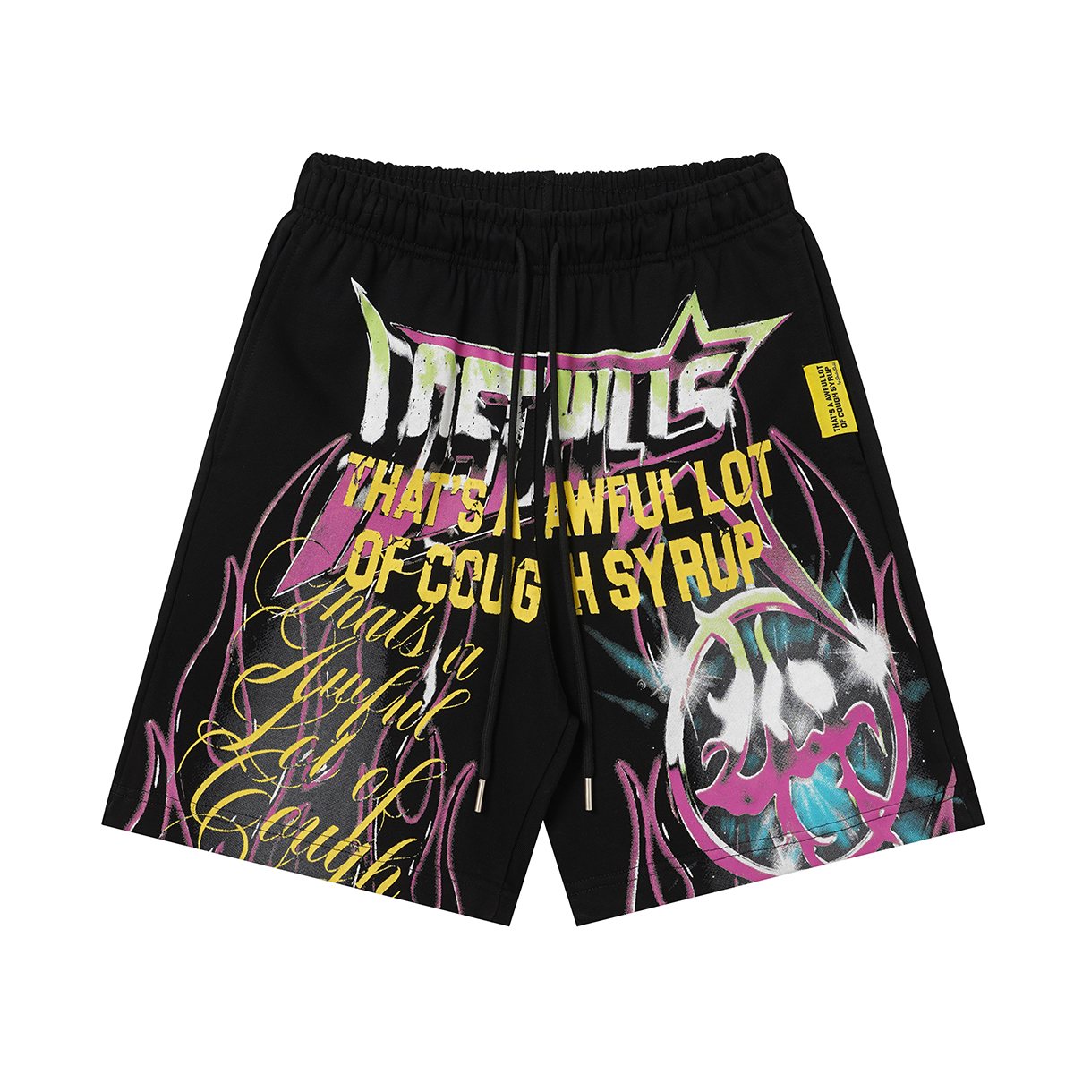 THAT'S A AWFUL LOT OF COUGH SYRUP Black Graphic Drawstring Shorts — hero