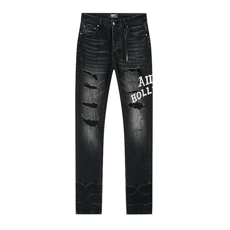 AMIRI Hollywood Lettering Distressed Jeans in Black — front