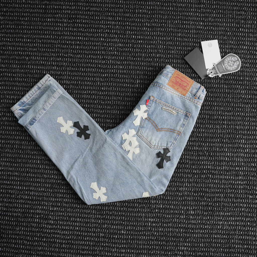 Chrome Hearts Cross Applique Light Blue Jeans — context