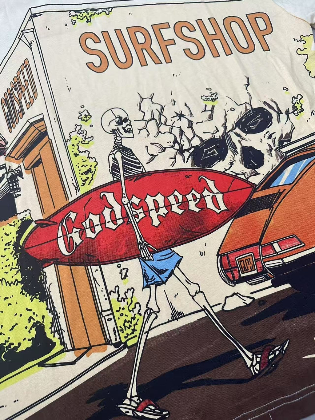 Godspeed Surfshop Street Scene Graphic T-Shirt — detail